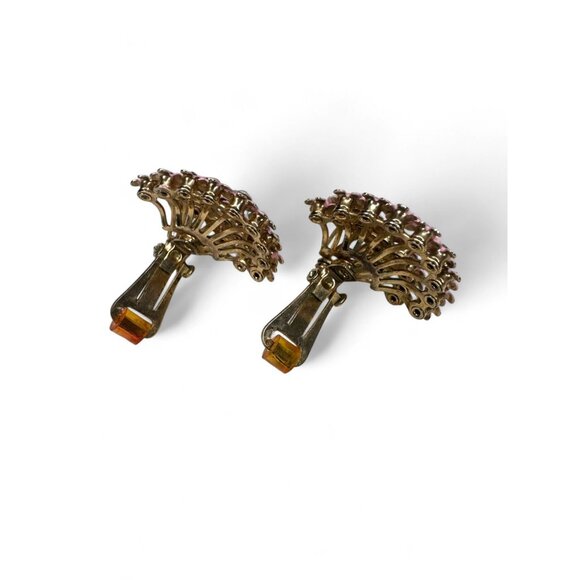 Vintage Pink Enamel Clear Rhinestone Floral Brooch Clip On Earrings Set - Picture 11 of 11